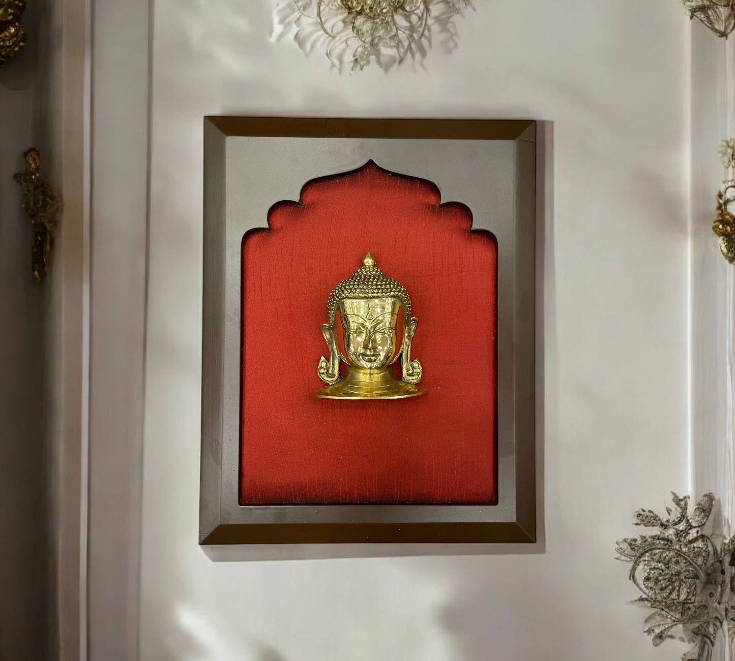 Brass Buddha with Wine Red Silk in Wooden Frame