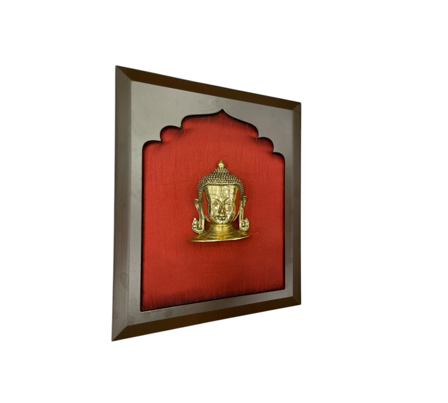 Brass Buddha with Wine Red Silk in Wooden Frame