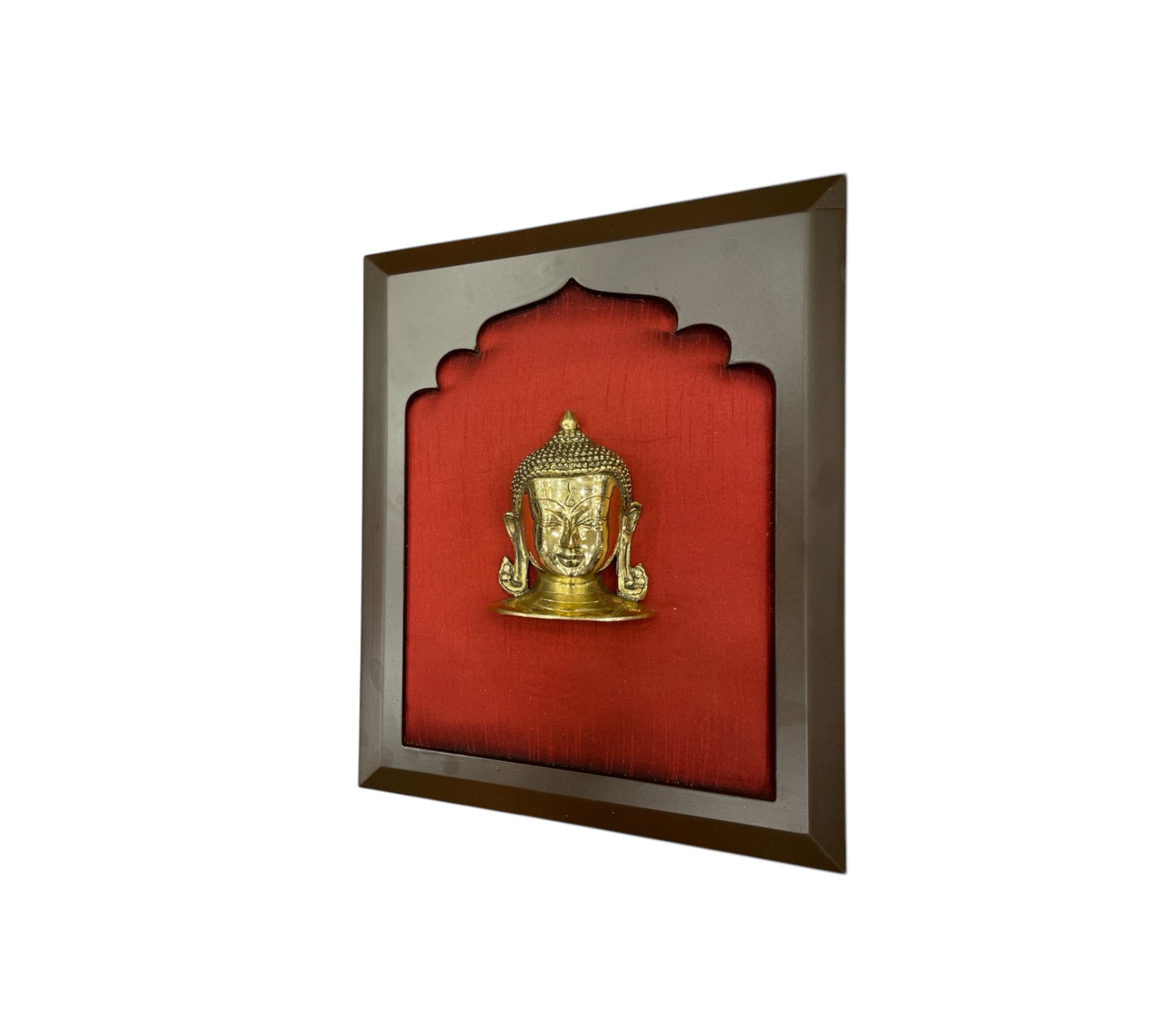 Brass Buddha with Wine Red Silk in Wooden Frame
