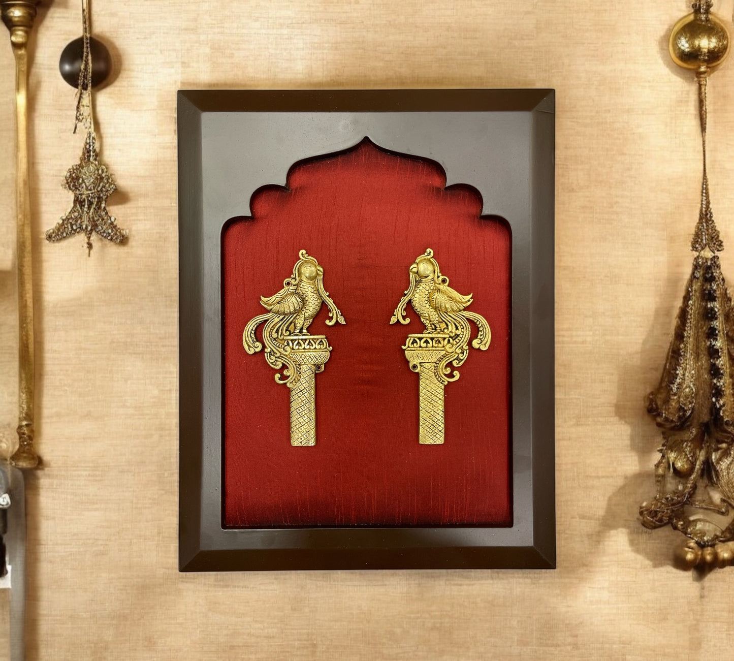 Brass Grand Entrance With Wine Red Silk in Wooden Frame