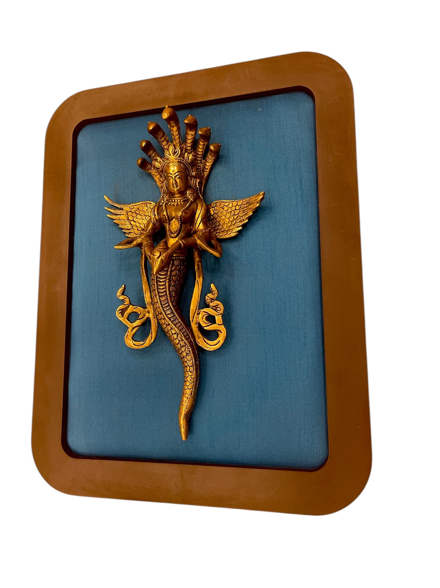 Brass Naga Kanya with Blue Silk in Wooden Frame