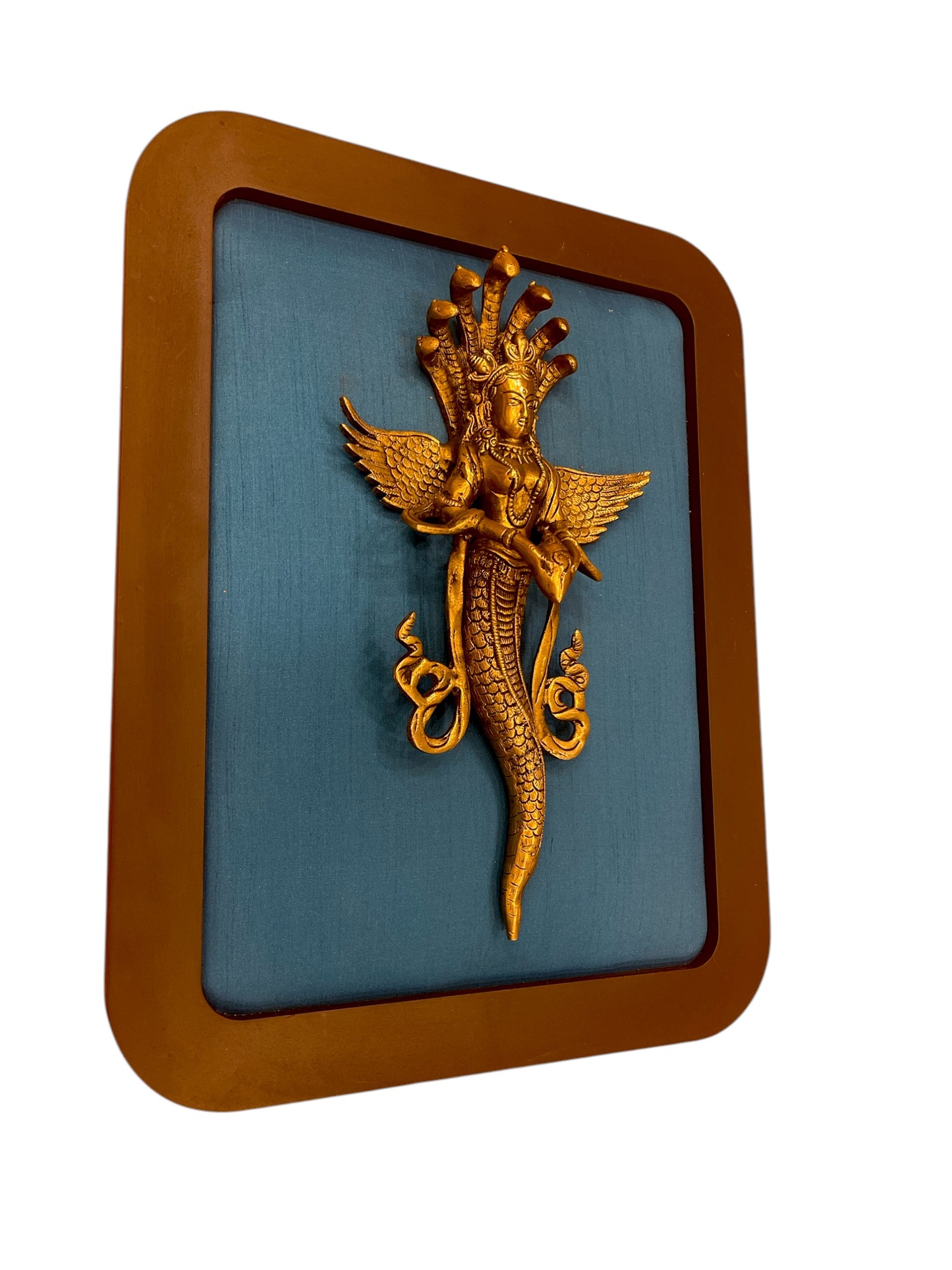 Brass Naga Kanya with Blue Silk in Wooden Frame