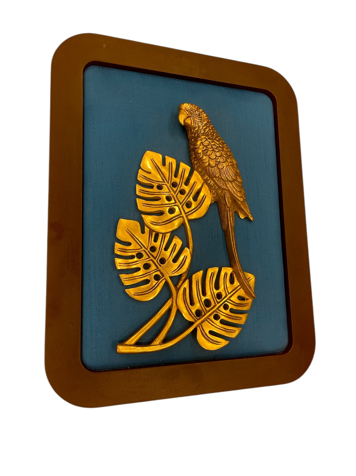 Brass Parrot with Blue Silk in Wooden Frame | Elegant Wall Art by Estudio