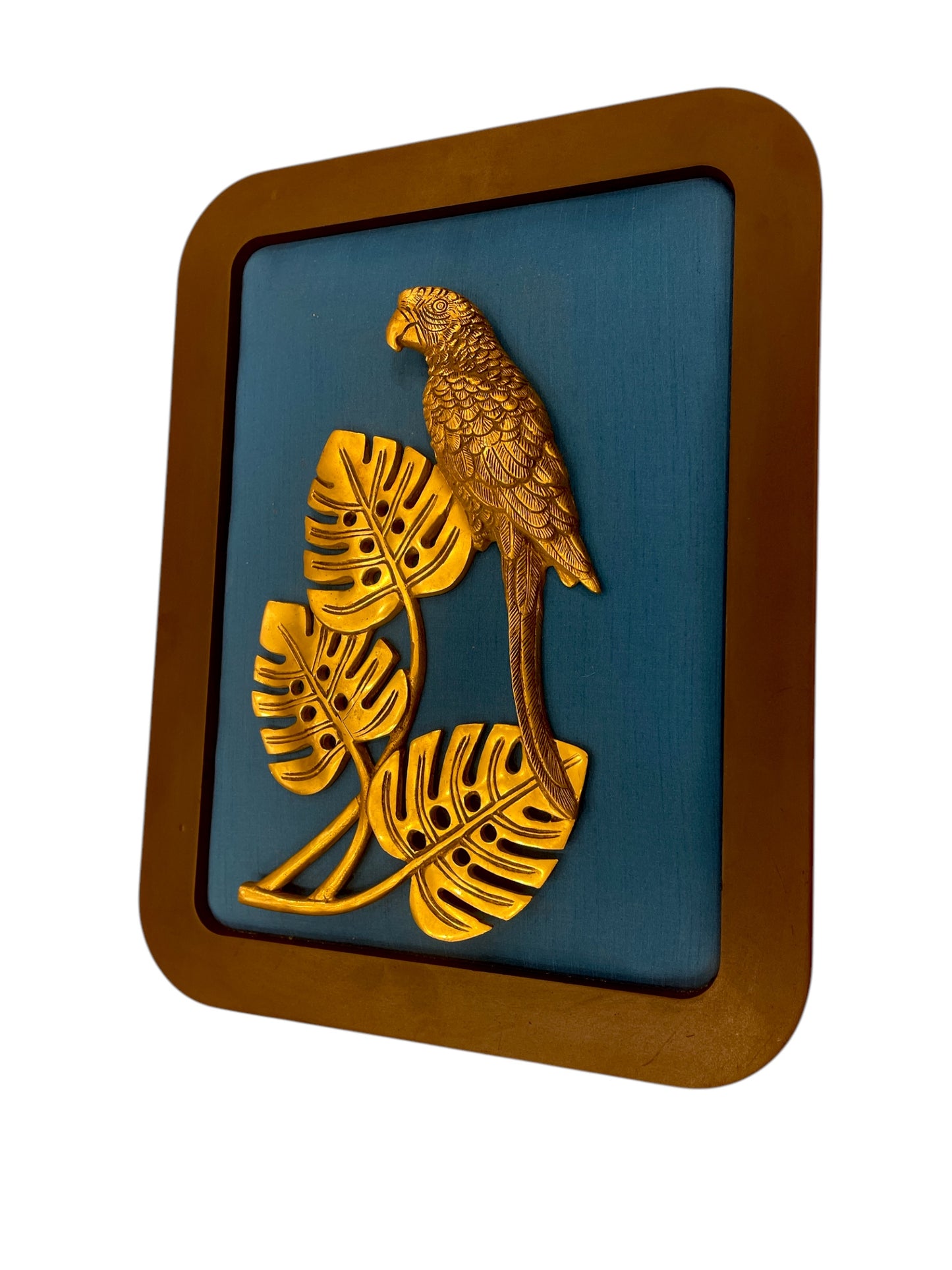 Brass Parrot with Blue Silk in Wooden Frame | Elegant Wall Art by Estudio