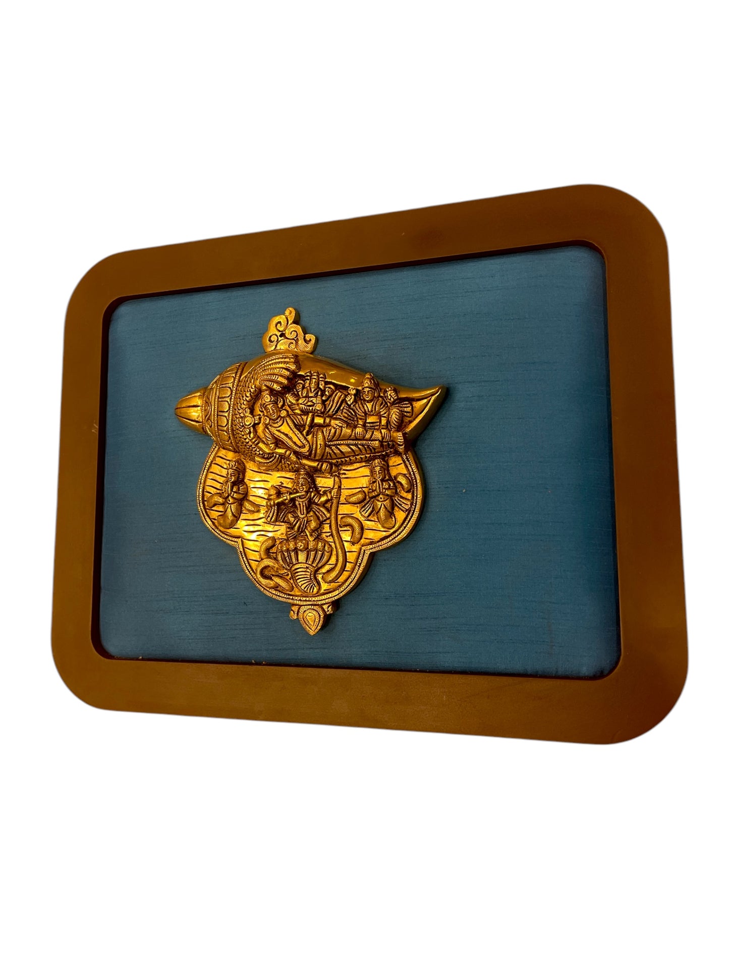 Brass Vishnu & Laxmi Conch in Blue Silk in Wooden Frame