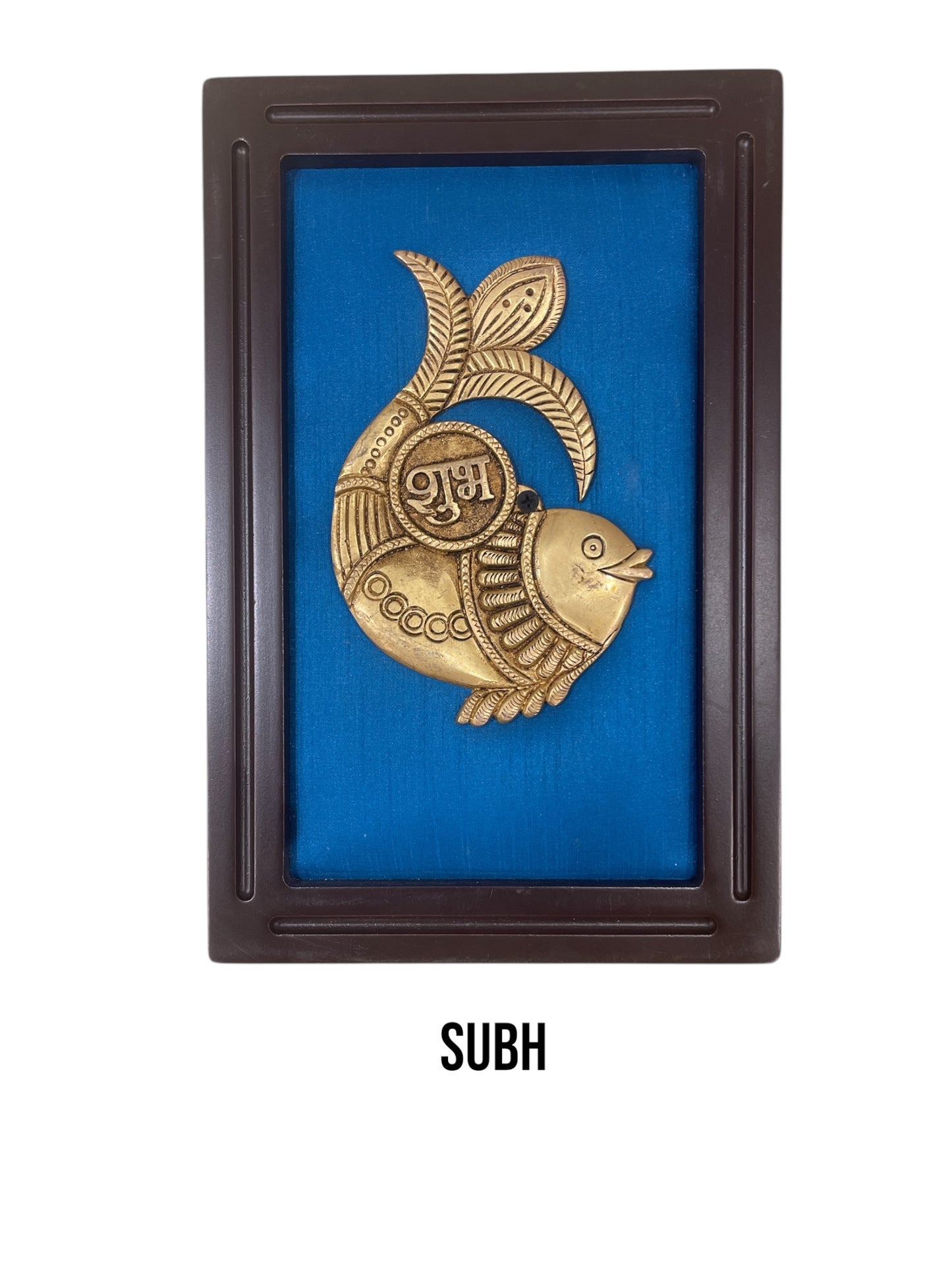 Brass Subh, Labh Fish with Blue silk in wooden frame