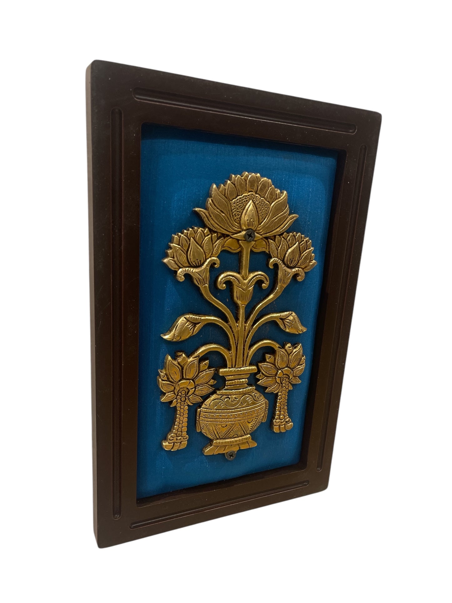 Brass Flower Pot with Blue silk in wooden frame