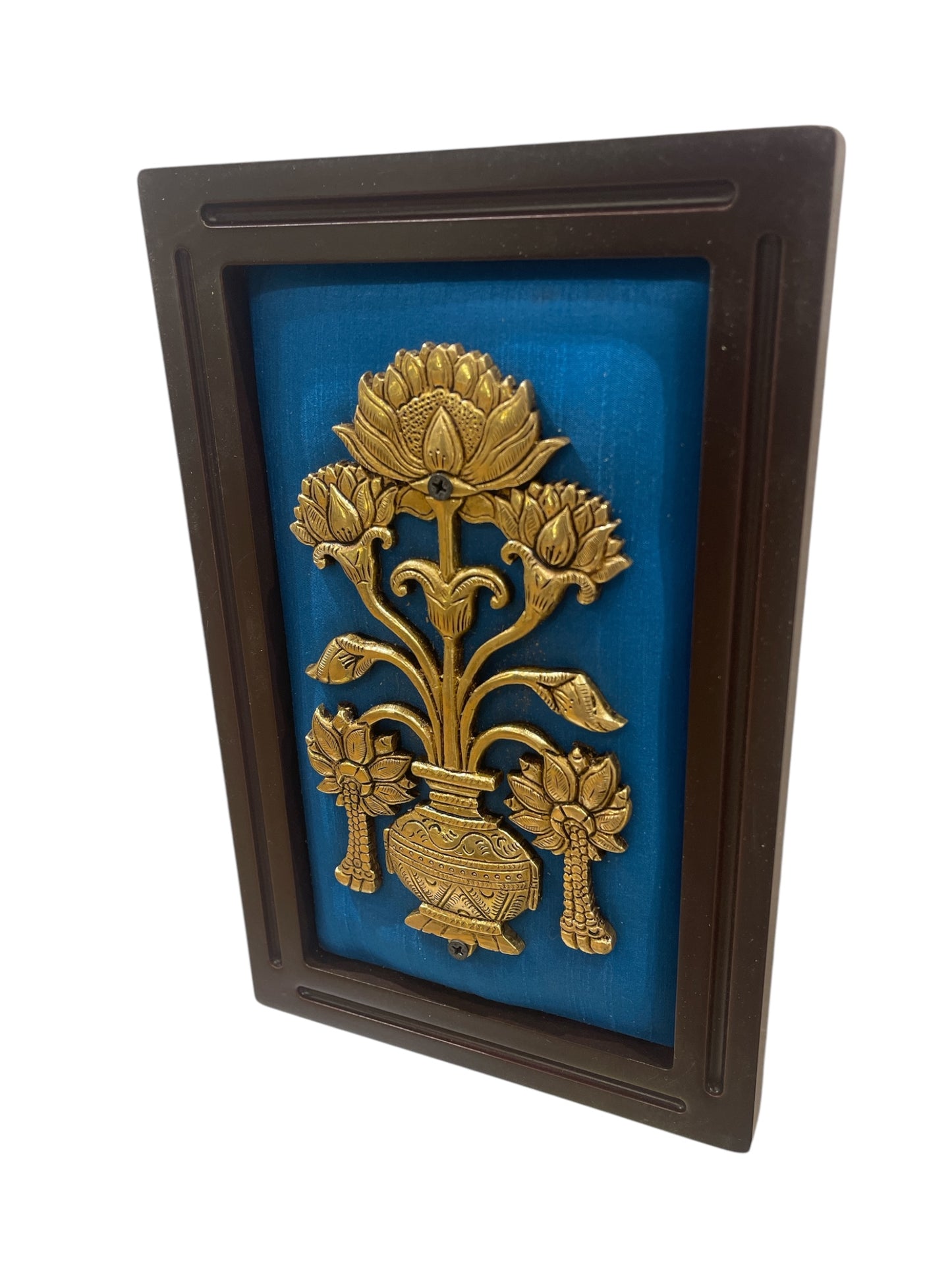 Brass Flower Pot with Blue silk in wooden frame