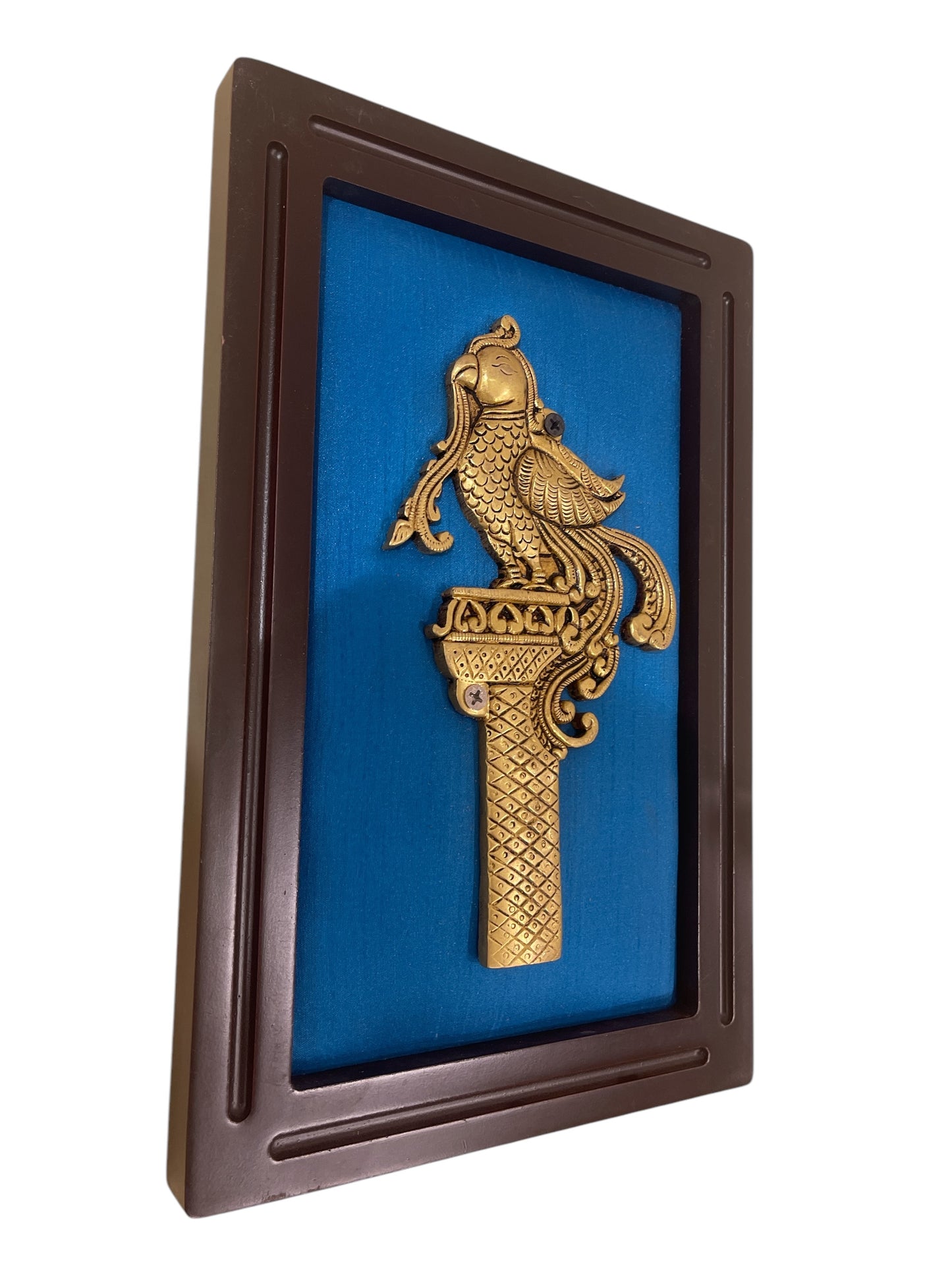 Brass Pair Parrot of Grand Entrance with Blue Silk in Wooden Frame | Traditional Wall Art by Estudio