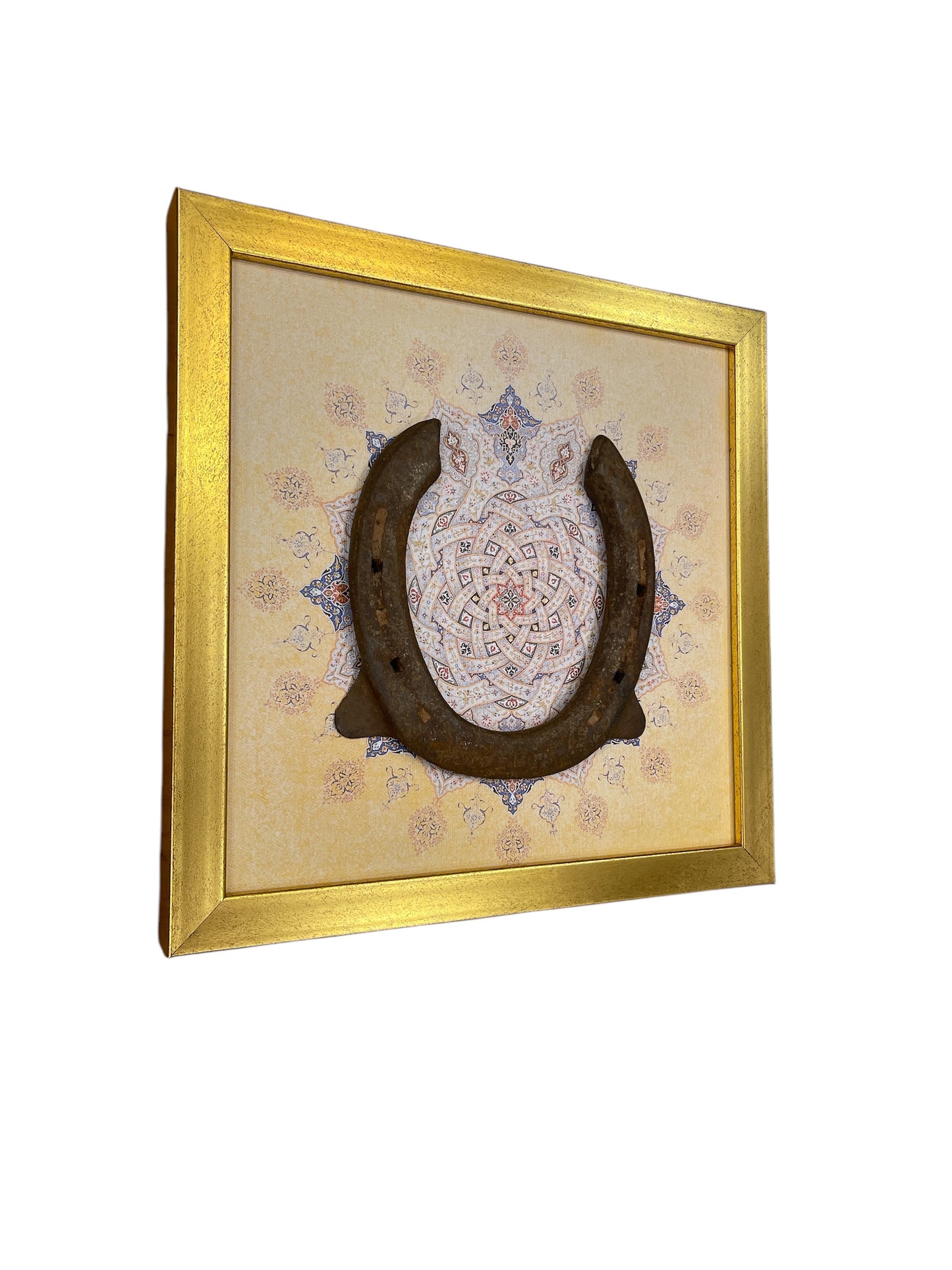 Good Luck Antique Horse shoe with Mandala Backdrop in Gold Frame
