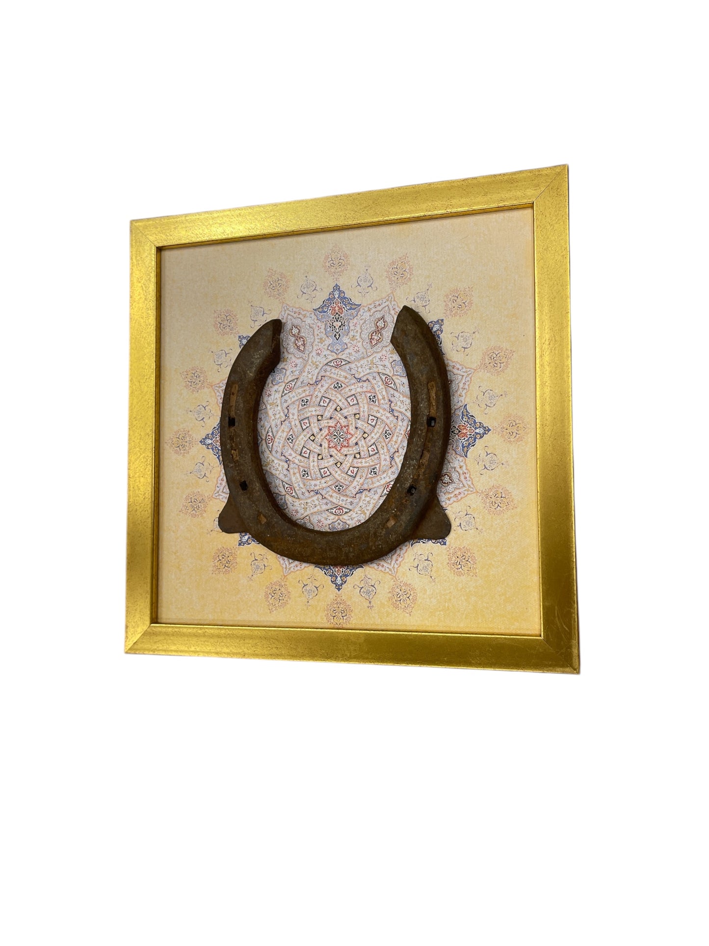 Good Luck Antique Horse shoe with Mandala Backdrop in Gold Frame