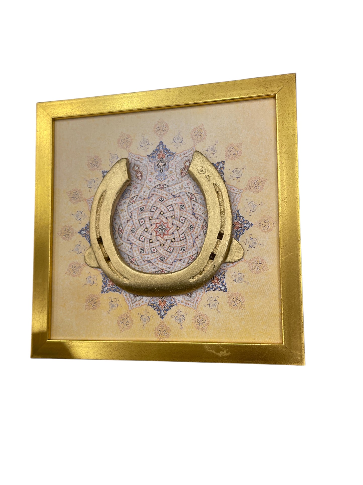 Good Luck Brass Horse shoe with Mandala Backdrop in Gold Frame