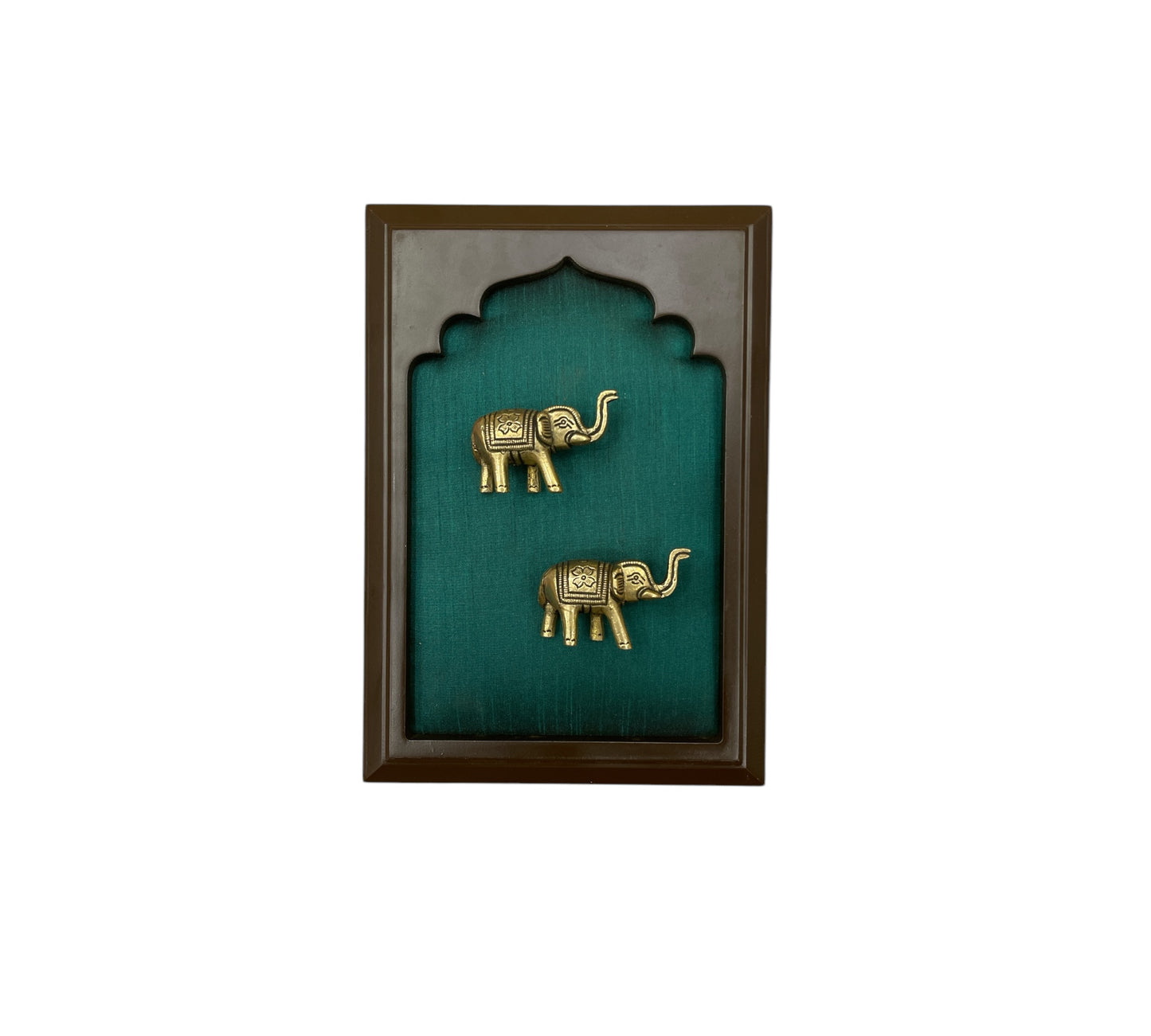 Brass Elephant Couple With Rama Green Silk in Wooden Frame