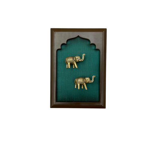 Brass Elephant Couple With Rama Green Silk in Wooden Frame