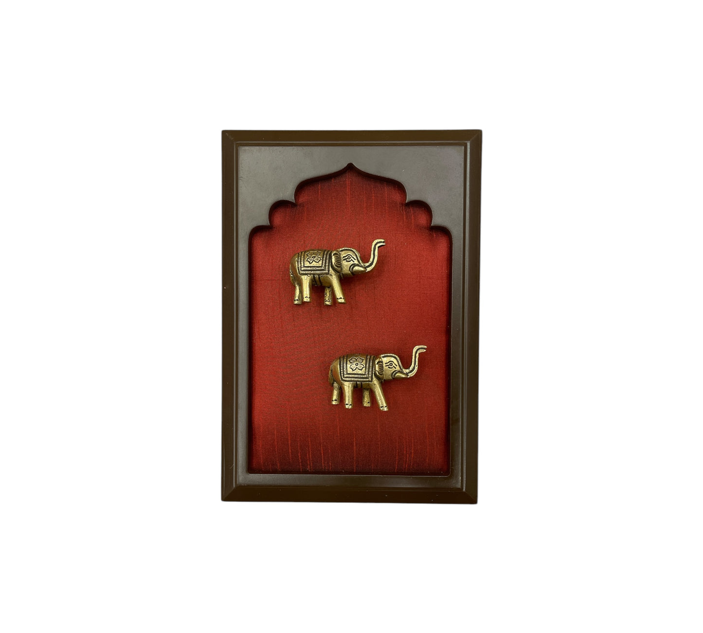 Brass Elephant Couple With Wine Red Silk in Wooden Frame