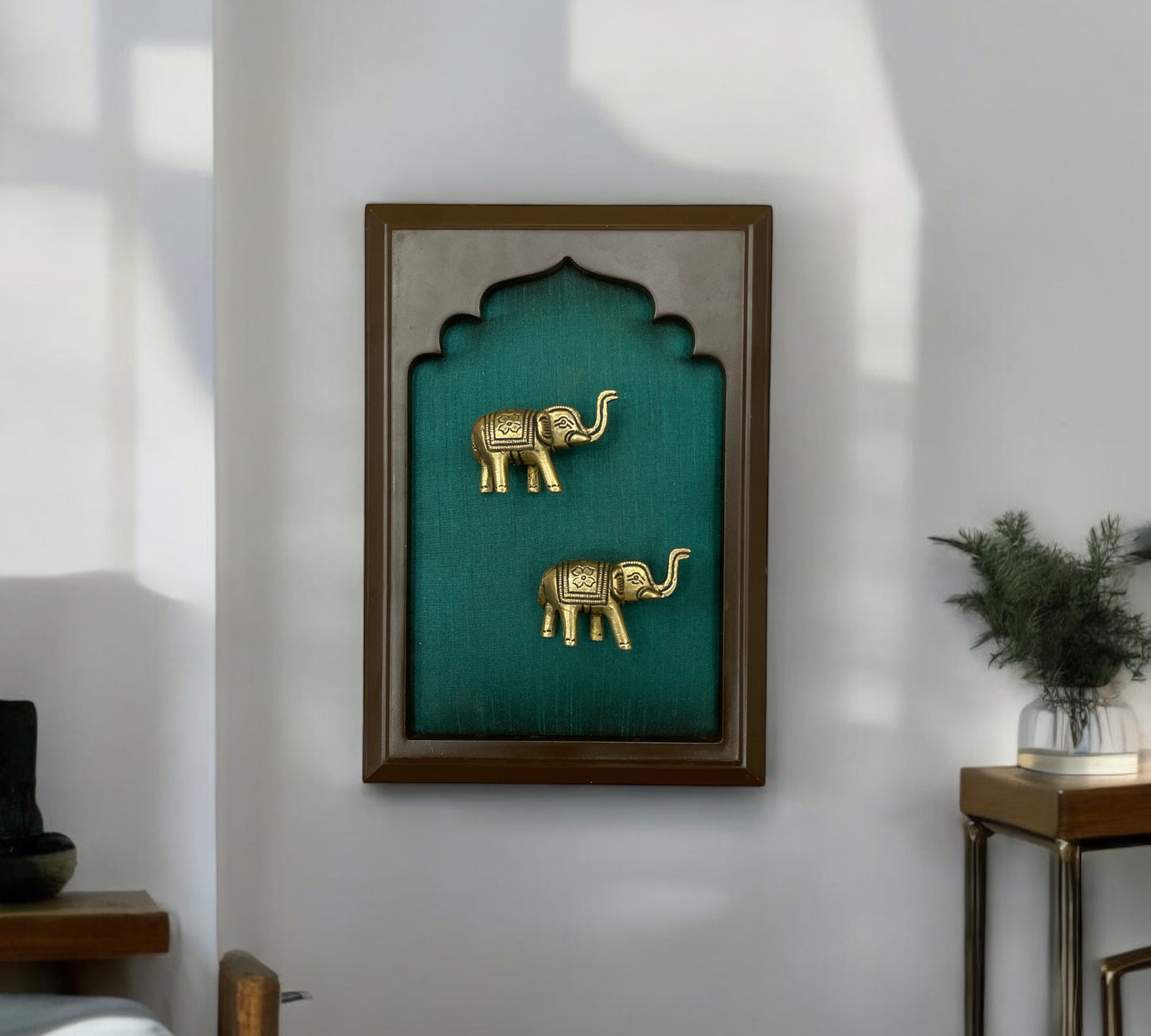 Brass Elephant Couple With Rama Green Silk in Wooden Frame