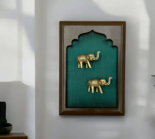 Brass Elephant Couple With Rama Green Silk in Wooden Frame
