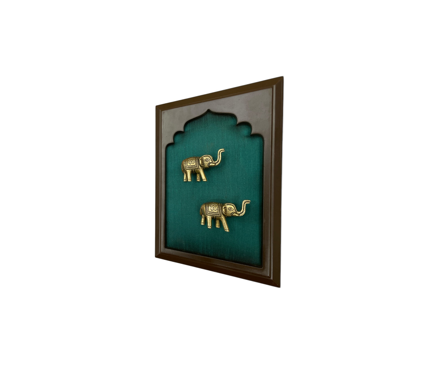 Brass Elephant Couple With Rama Green Silk in Wooden Frame