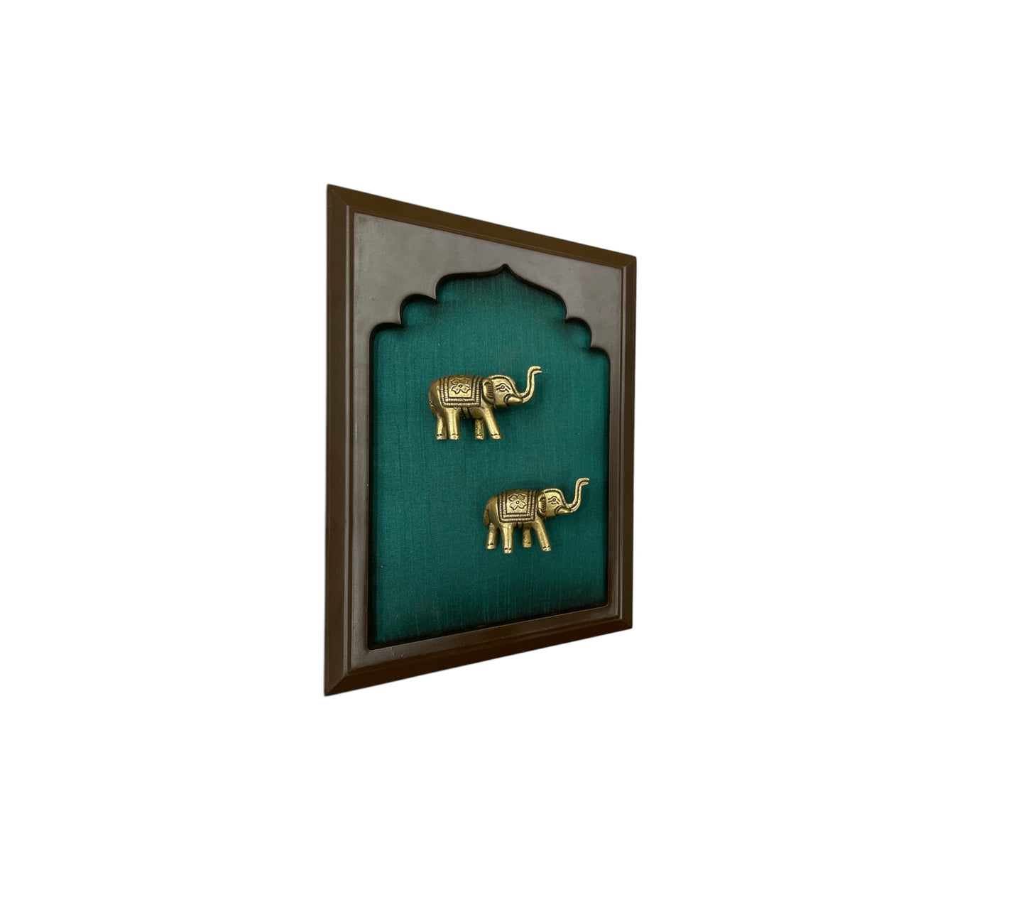 Brass Elephant Couple With Rama Green Silk in Wooden Frame