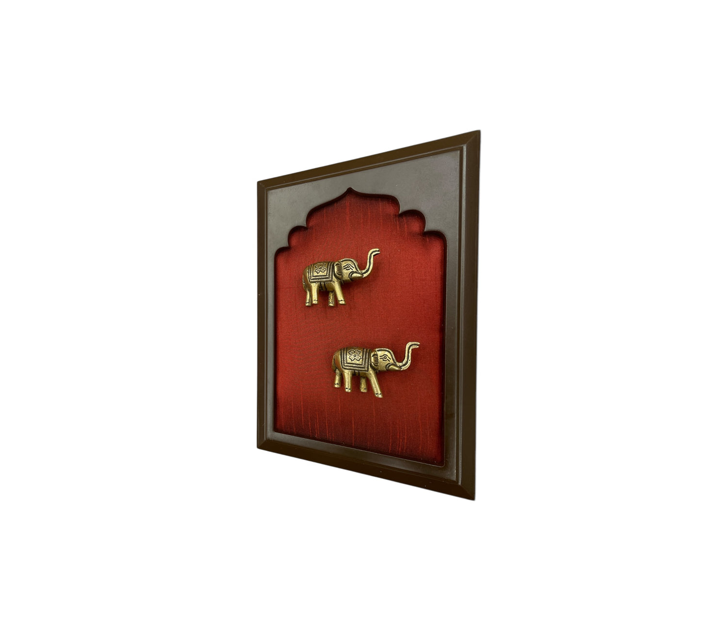 Brass Elephant Couple With Wine Red Silk in Wooden Frame