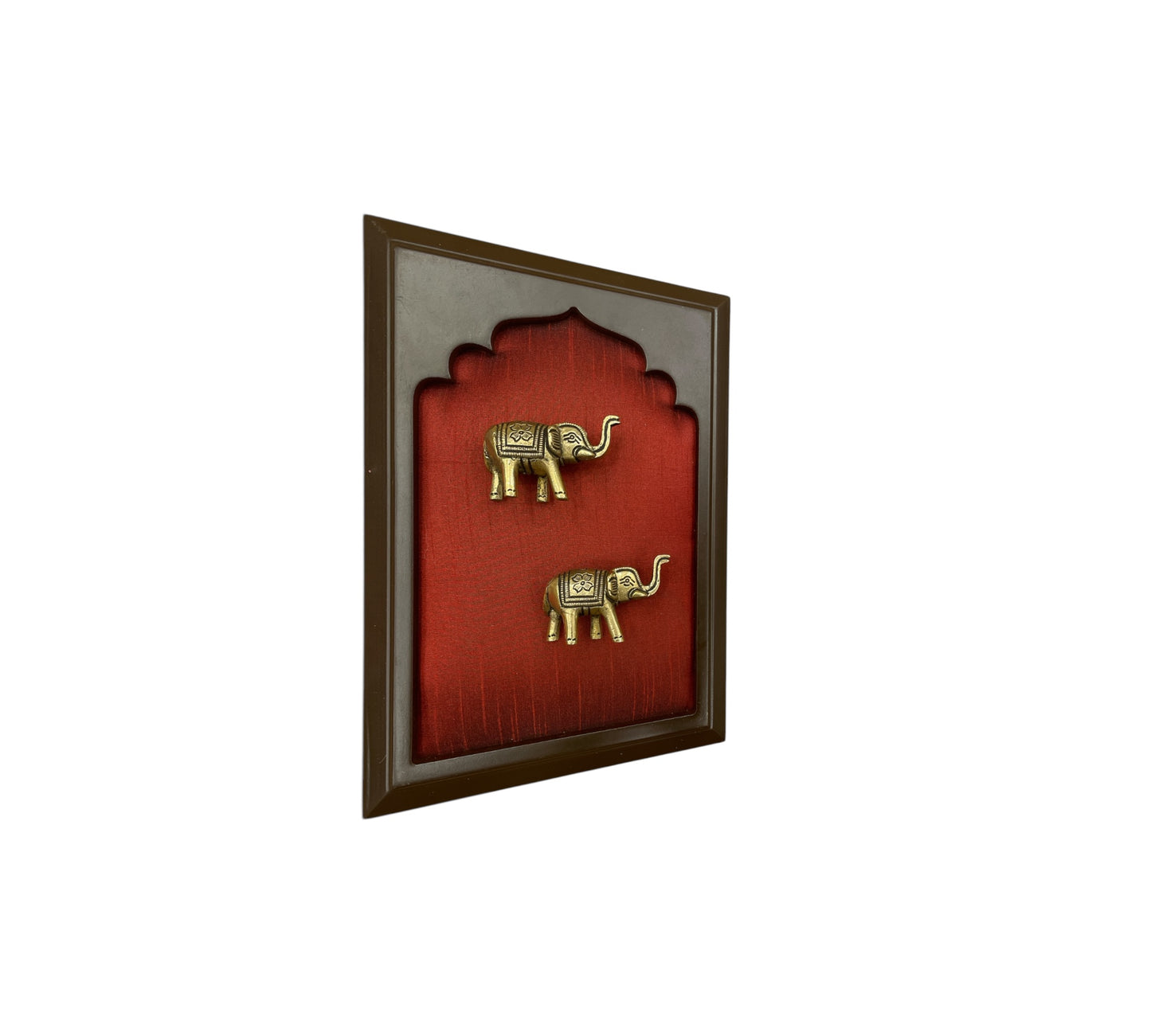 Brass Elephant Couple With Wine Red Silk in Wooden Frame