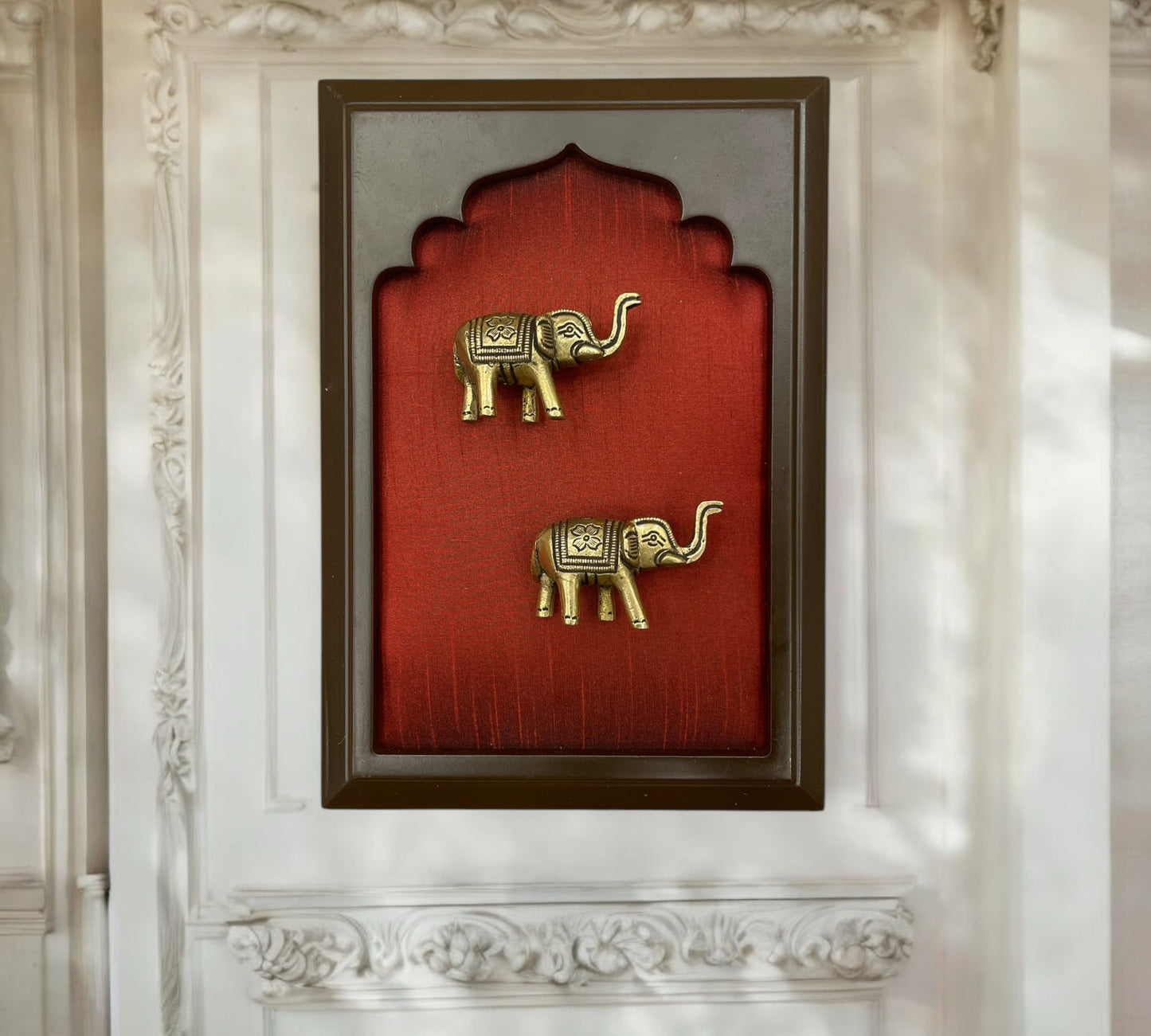 Brass Elephant Couple With Wine Red Silk in Wooden Frame
