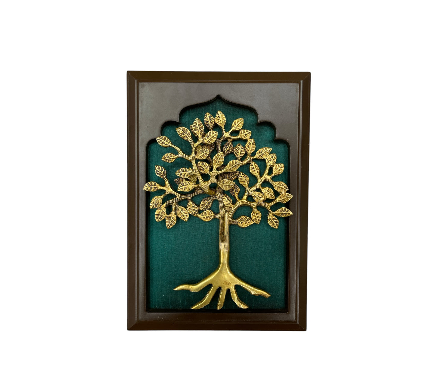 Brass tree of life with Green Silk in wooden frame