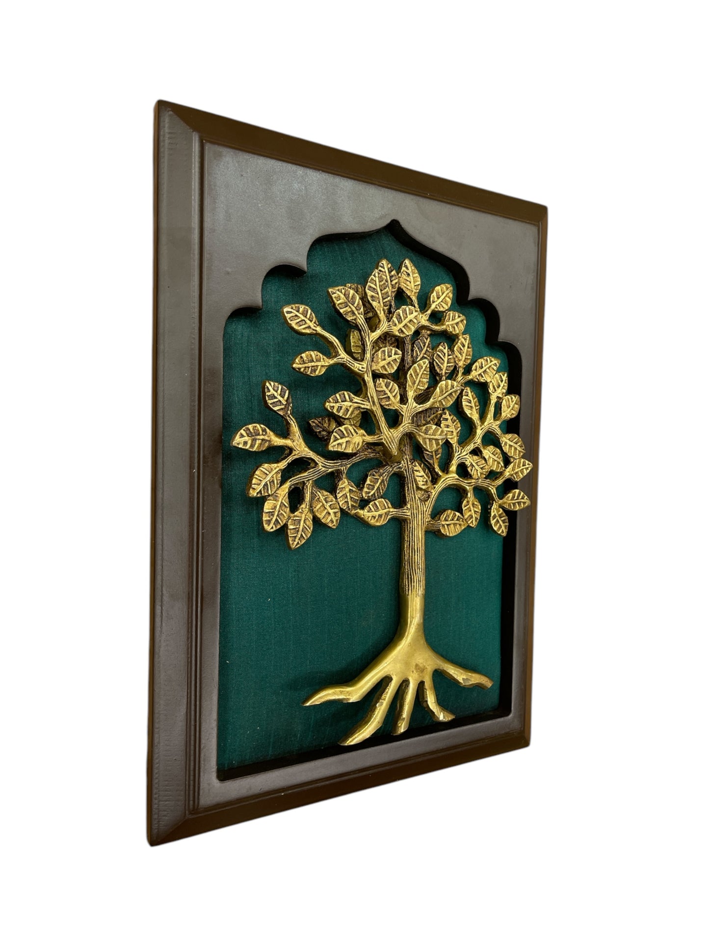 Brass tree of life with Green Silk in wooden frame