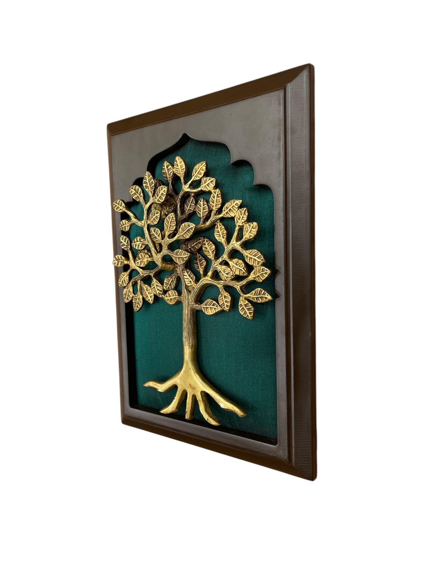 Brass tree of life with Green Silk in wooden frame