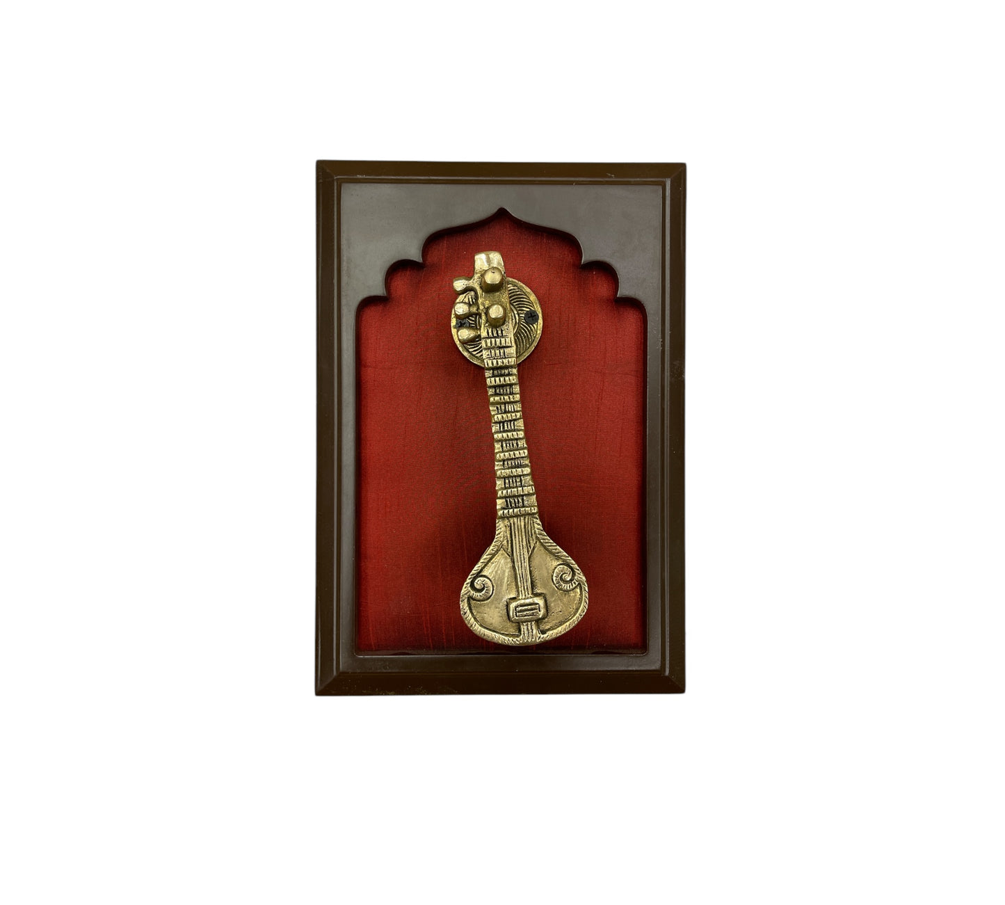 Brass Veena with Red Silk in Wooden Frame