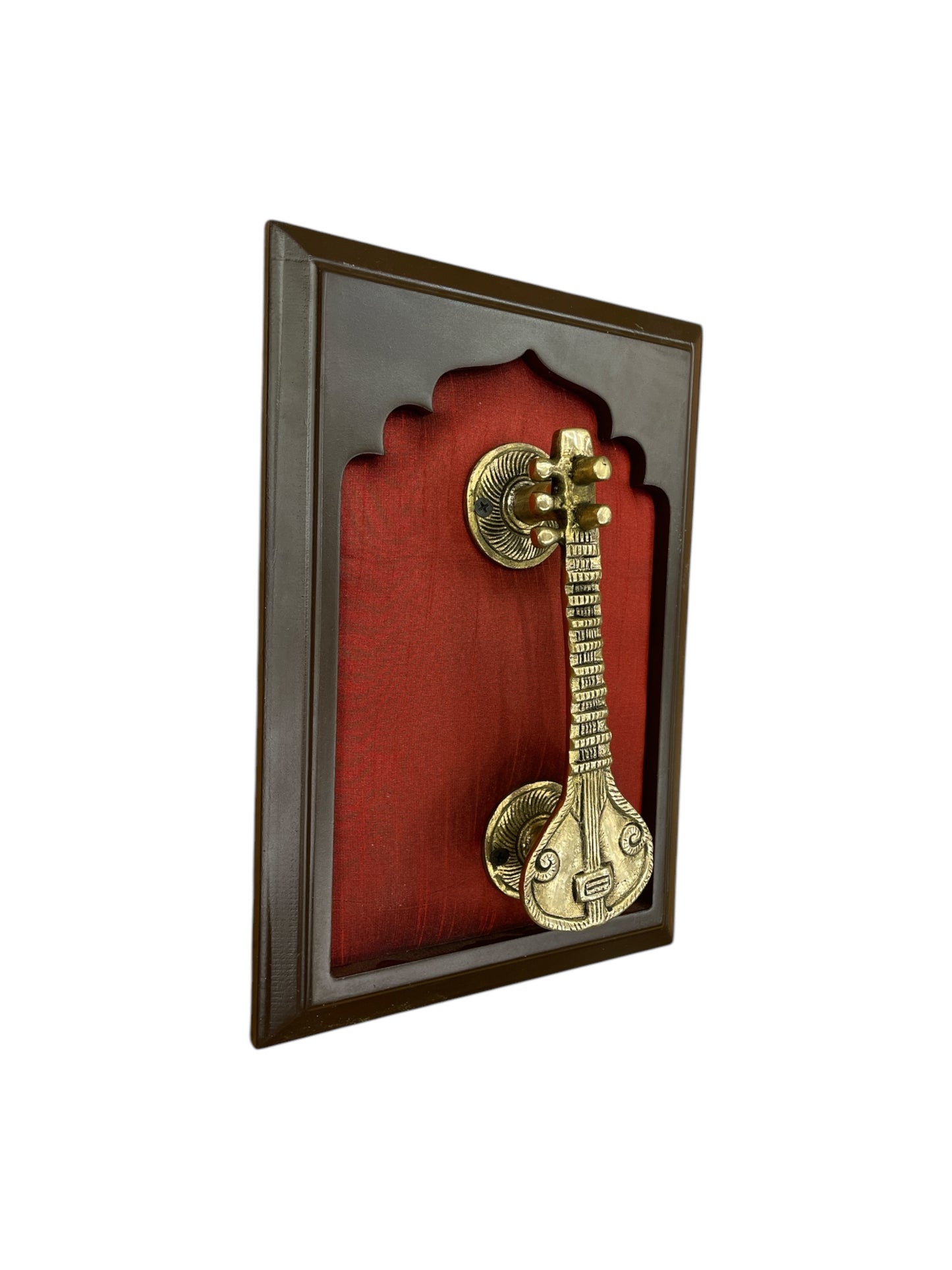 Brass Veena with Red Silk in Wooden Frame