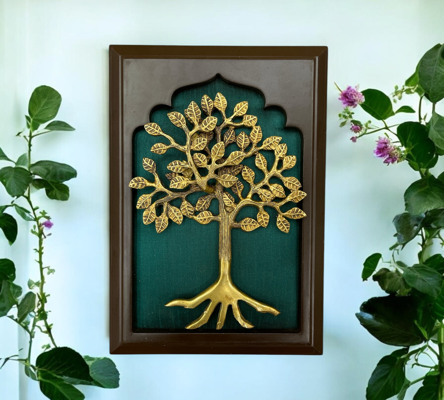 Brass tree of life with Green Silk in wooden frame