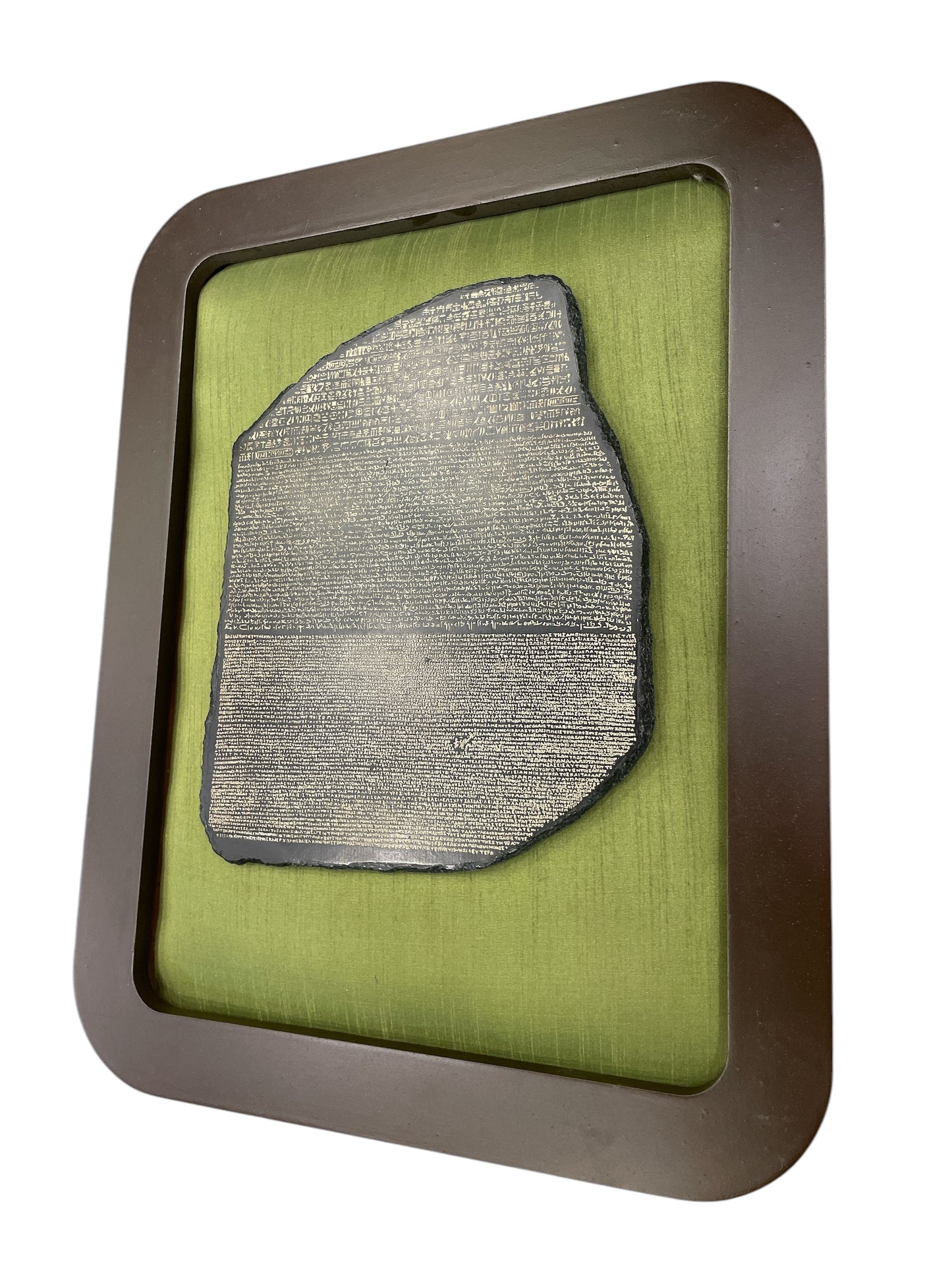 Rosetta Stone artifact with Green silk in wooden frame