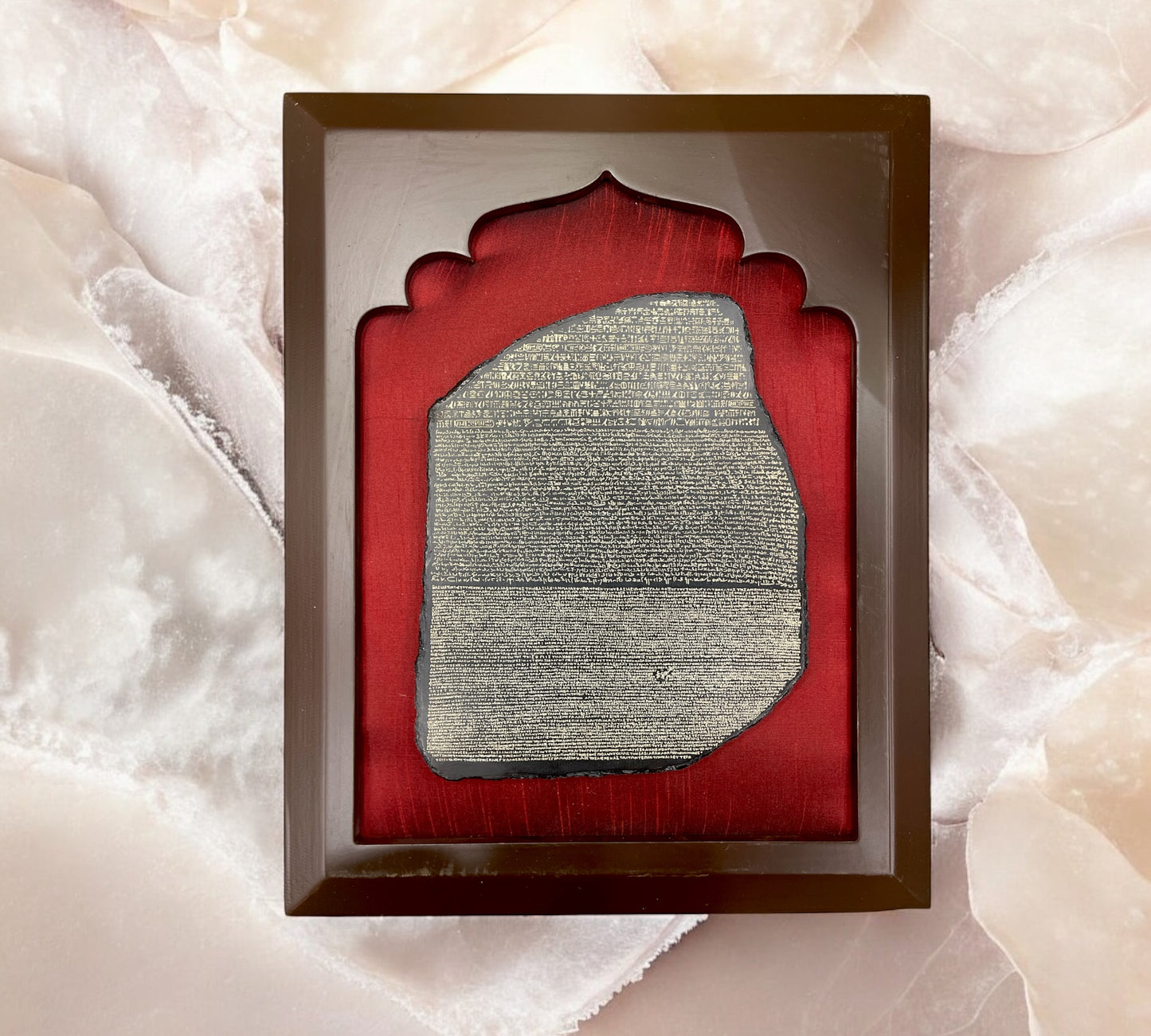Rosetta Stone artifact with Wine red silk in wooden frame