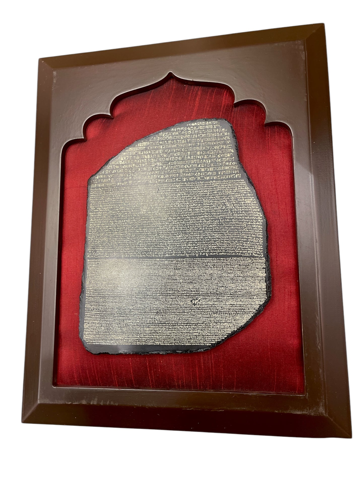 Rosetta Stone artifact with Wine red silk in wooden frame