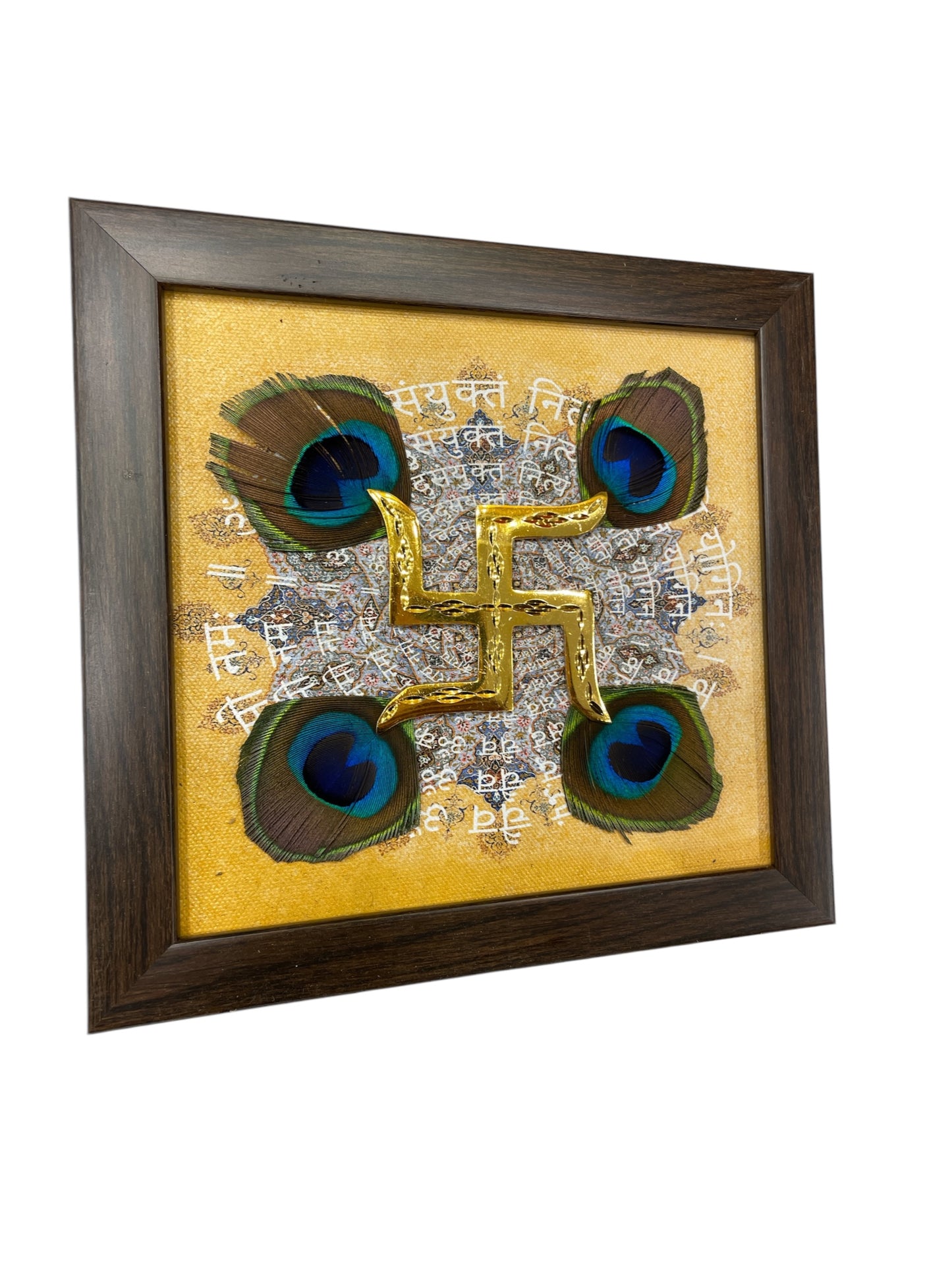 Brass Swastik with Omkara Backdrop & Peacock feather in Brown Frame