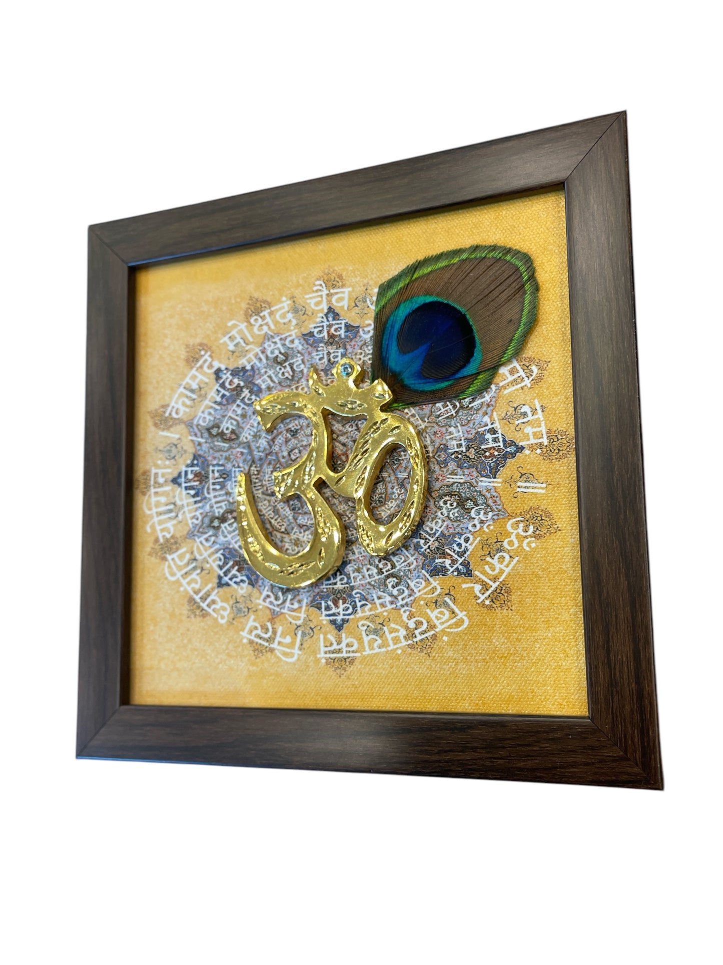 Brass Om with omkara Backdrop with peacock feather in Brown Frame