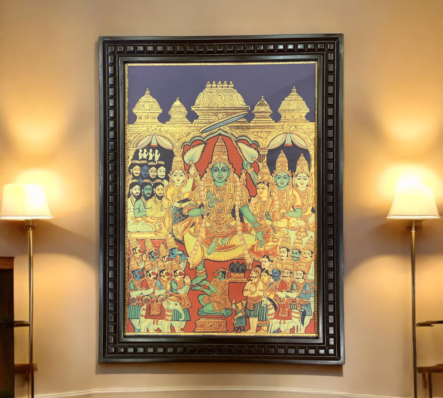 Lord Rama Pattabhishekam Gold Leafed Art With Wooden Frame
