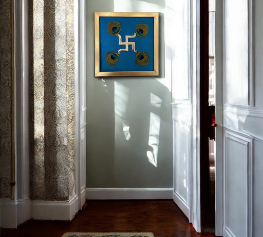 Silver Swastik on Blue Silk in Antique Gold Frame with Certificate
