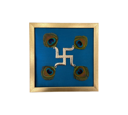 Silver Swastik on Blue Silk in Antique Gold Frame with Certificate