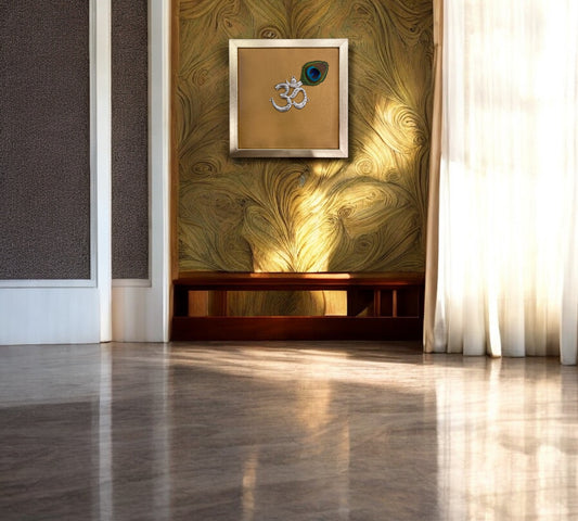Silver Om on Gold Silk in Antique Gold Frame with Certificate