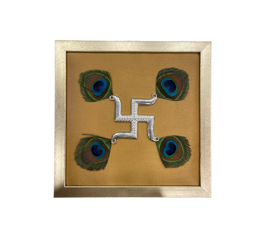 Silver Swastik on Gold Silk in Antique Gold Frame with Certificate