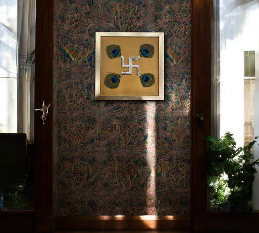 Silver Swastik on Gold Silk in Antique Gold Frame with Certificate