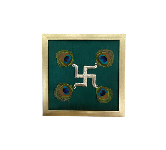 Silver Swastik on Green Silk in Antique Gold Frame with Certificate