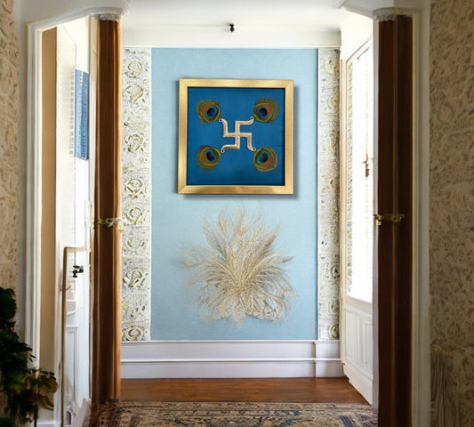 Silver Swastik on Blue Silk in Antique Gold Frame with Certificate