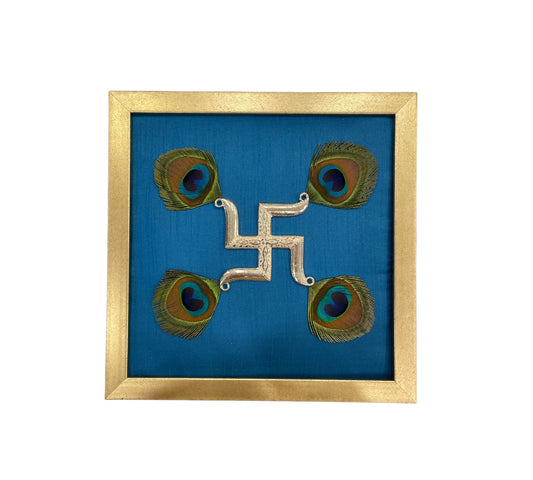 Silver Swastik on Blue Silk in Antique Gold Frame with Certificate