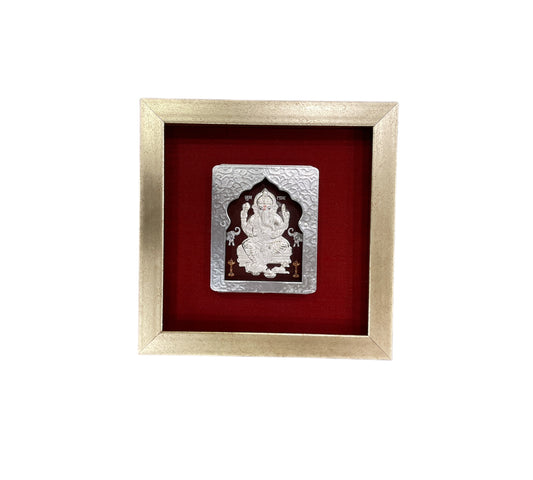 Silver Ganesh with silk backdrop in Silver Frame