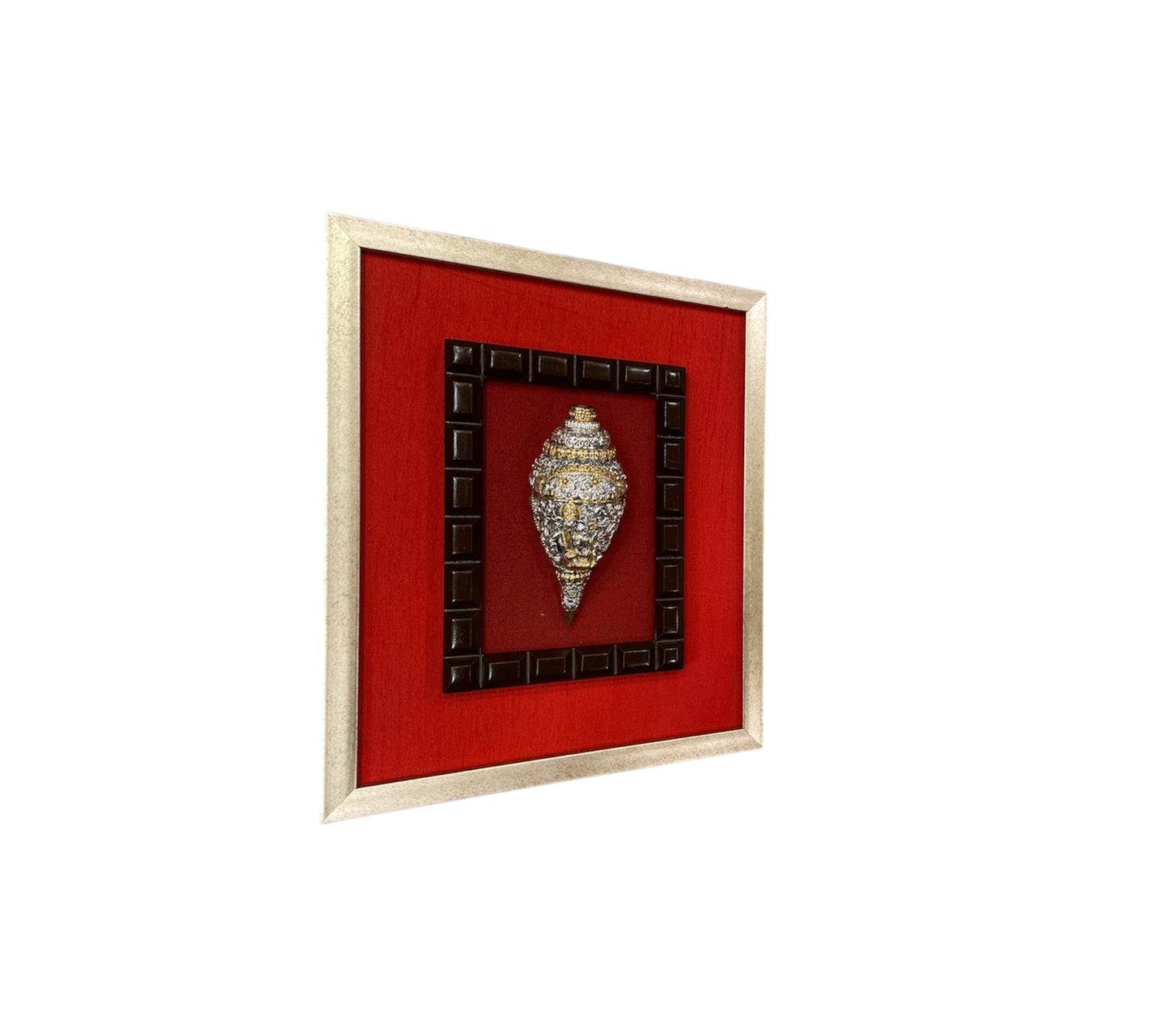 Ganesha in conch with red silk in gold frame