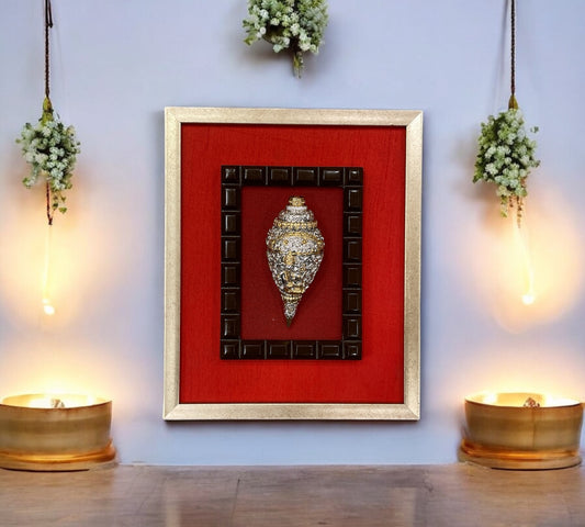 Shank Ganesha with Red Silk in Gold frame