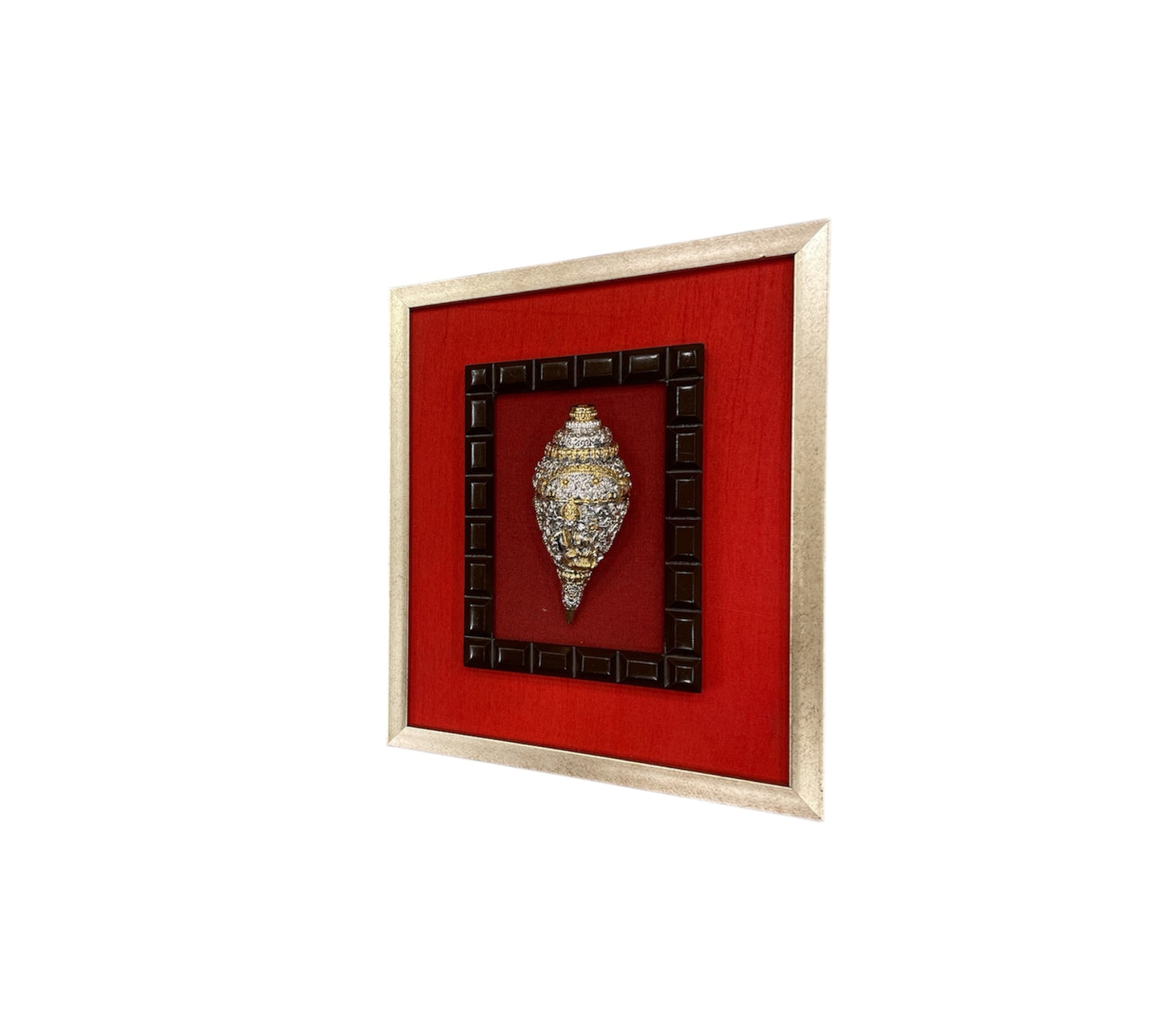Ganesha in conch with red silk in gold frame